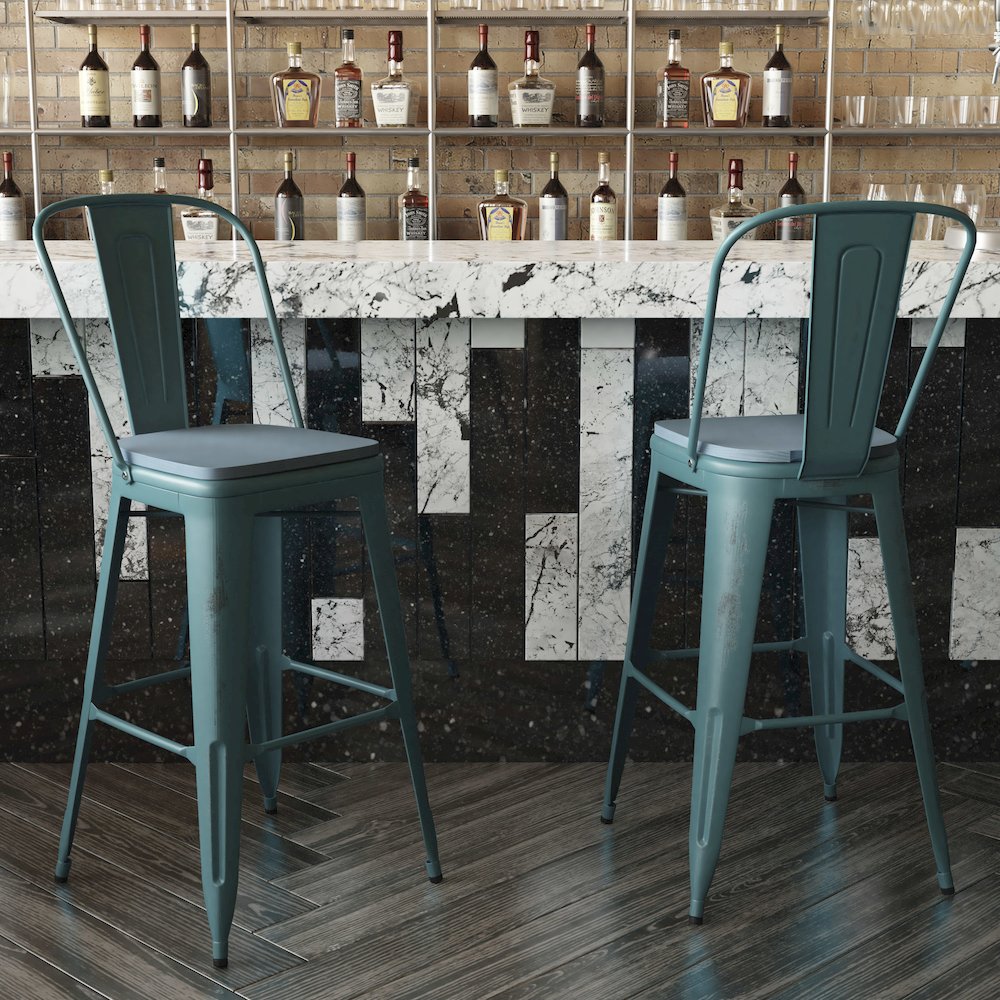 30" High Kelly Blue-Teal Metal Barstool with Teal-Blue Poly Resin Wood Seat