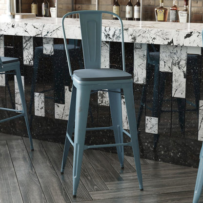 30" High Kelly Blue-Teal Metal Barstool with Teal-Blue Poly Resin Wood Seat