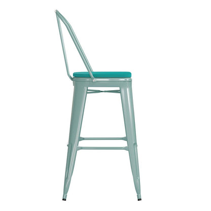 30" High Mint Green Metal Indoor-Barstool with Mint Green Poly Resin Wood Seat