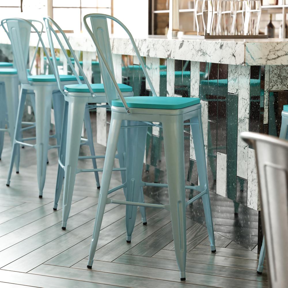 30" High Mint Green Metal Indoor-Barstool with Mint Green Poly Resin Wood Seat