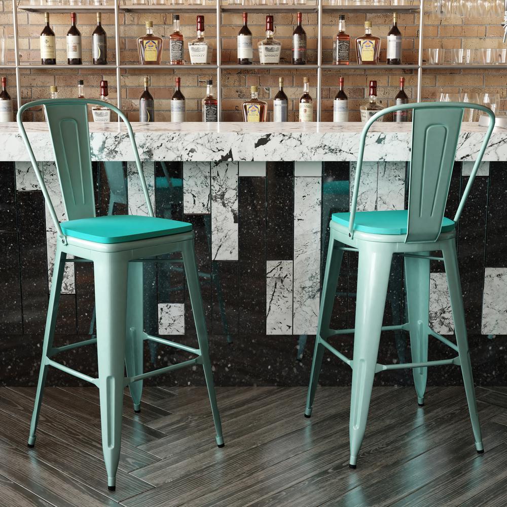 30" High Mint Green Metal Indoor-Barstool with Mint Green Poly Resin Wood Seat