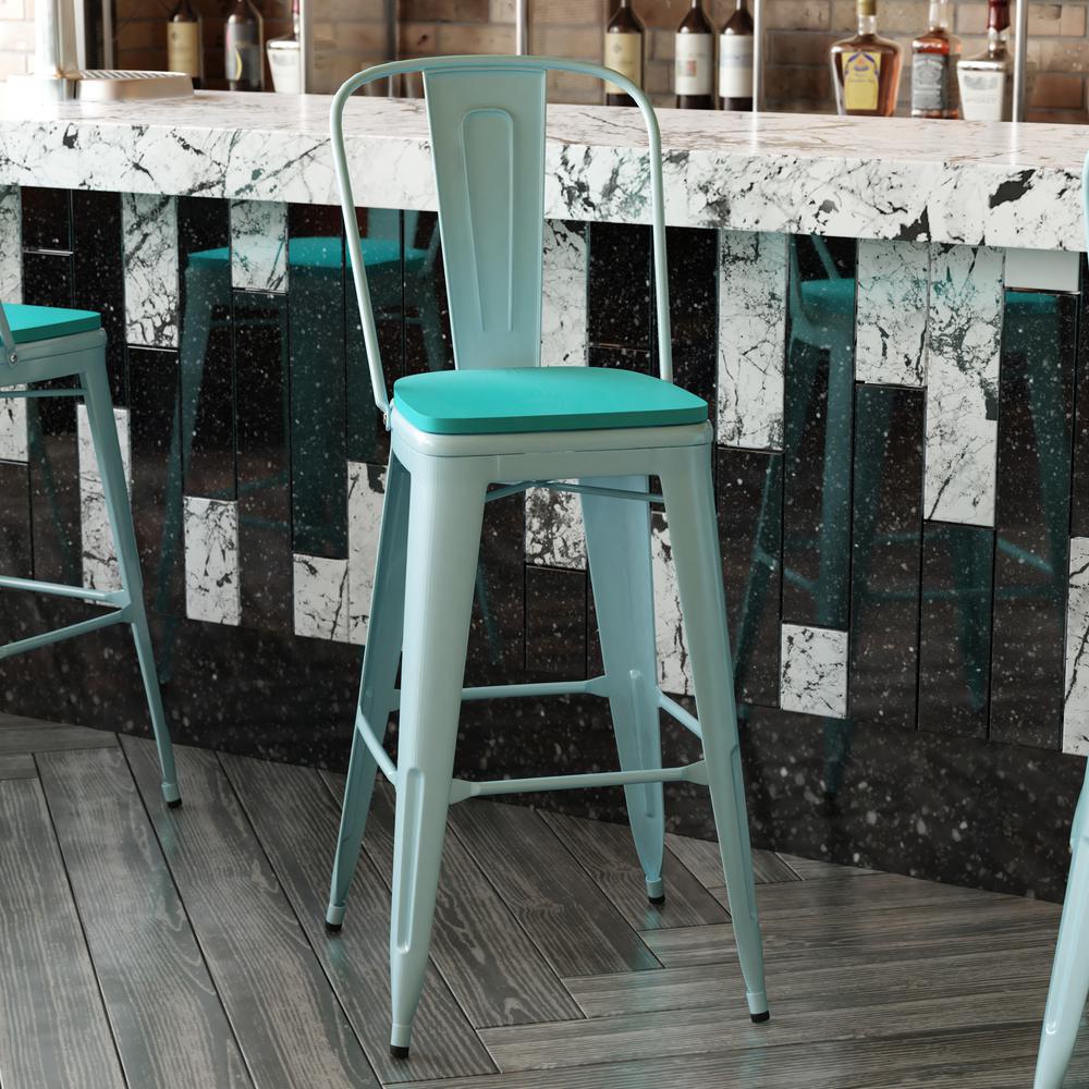 30" High Mint Green Metal Indoor-Barstool with Mint Green Poly Resin Wood Seat