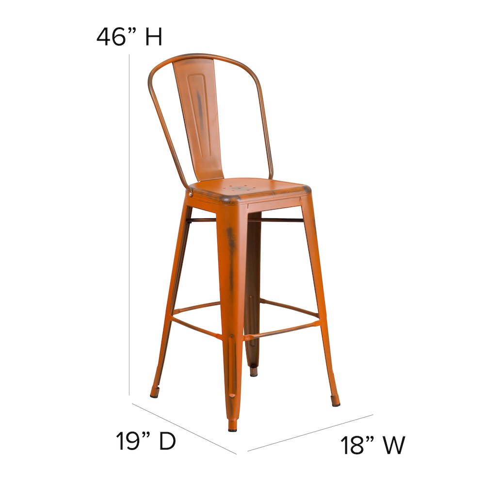 30" High Distressed Orange Metal Indoor-Outdoor Barstool with Back