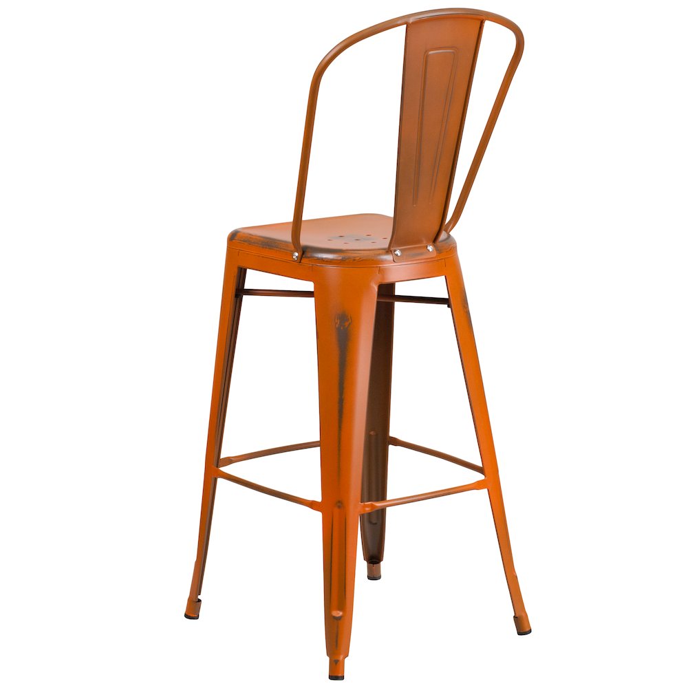 30" High Distressed Orange Metal Indoor-Outdoor Barstool with Back