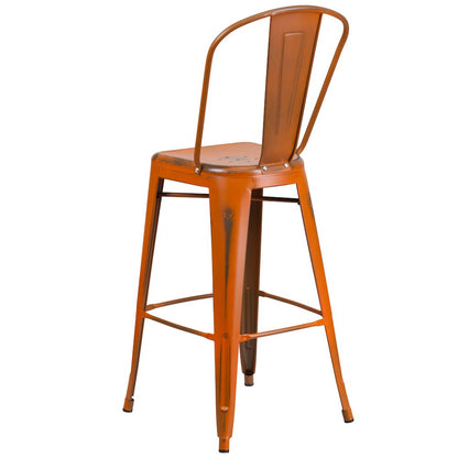 30" High Distressed Orange Metal Indoor-Outdoor Barstool with Back