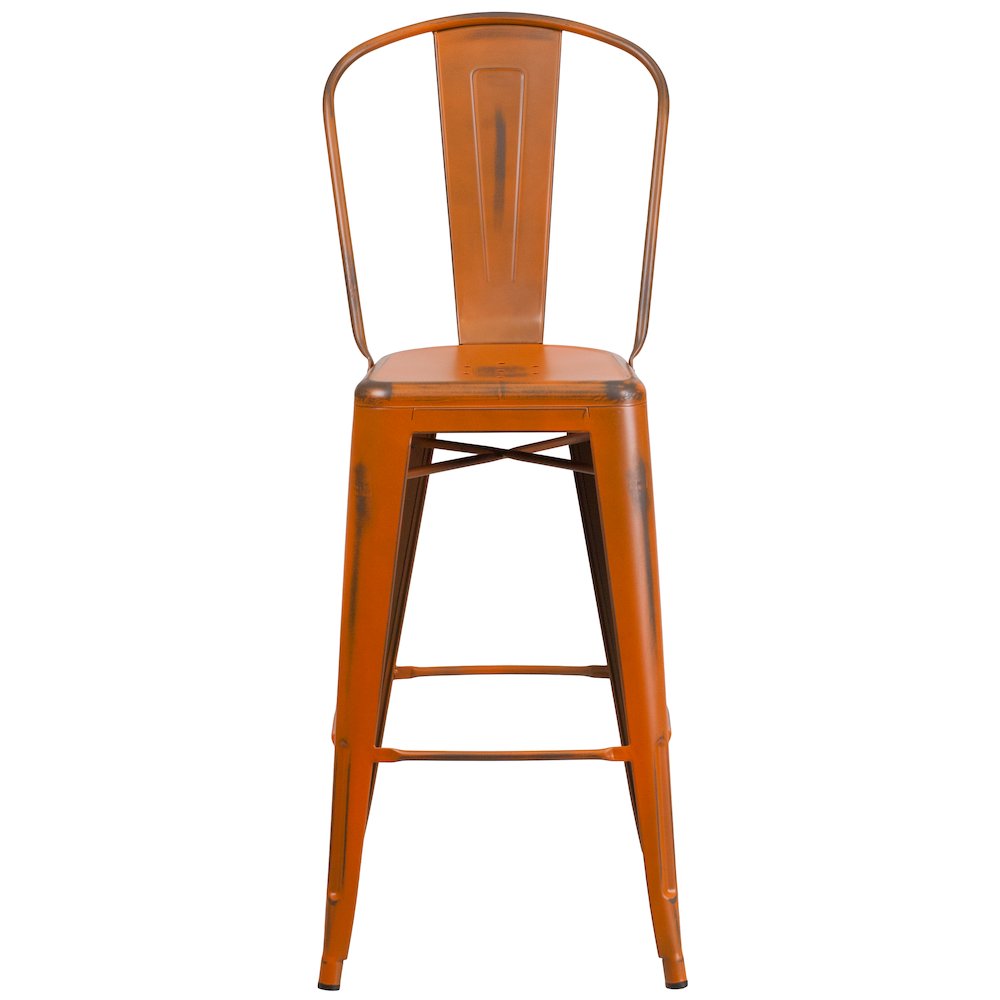 30" High Distressed Orange Metal Indoor-Outdoor Barstool with Back