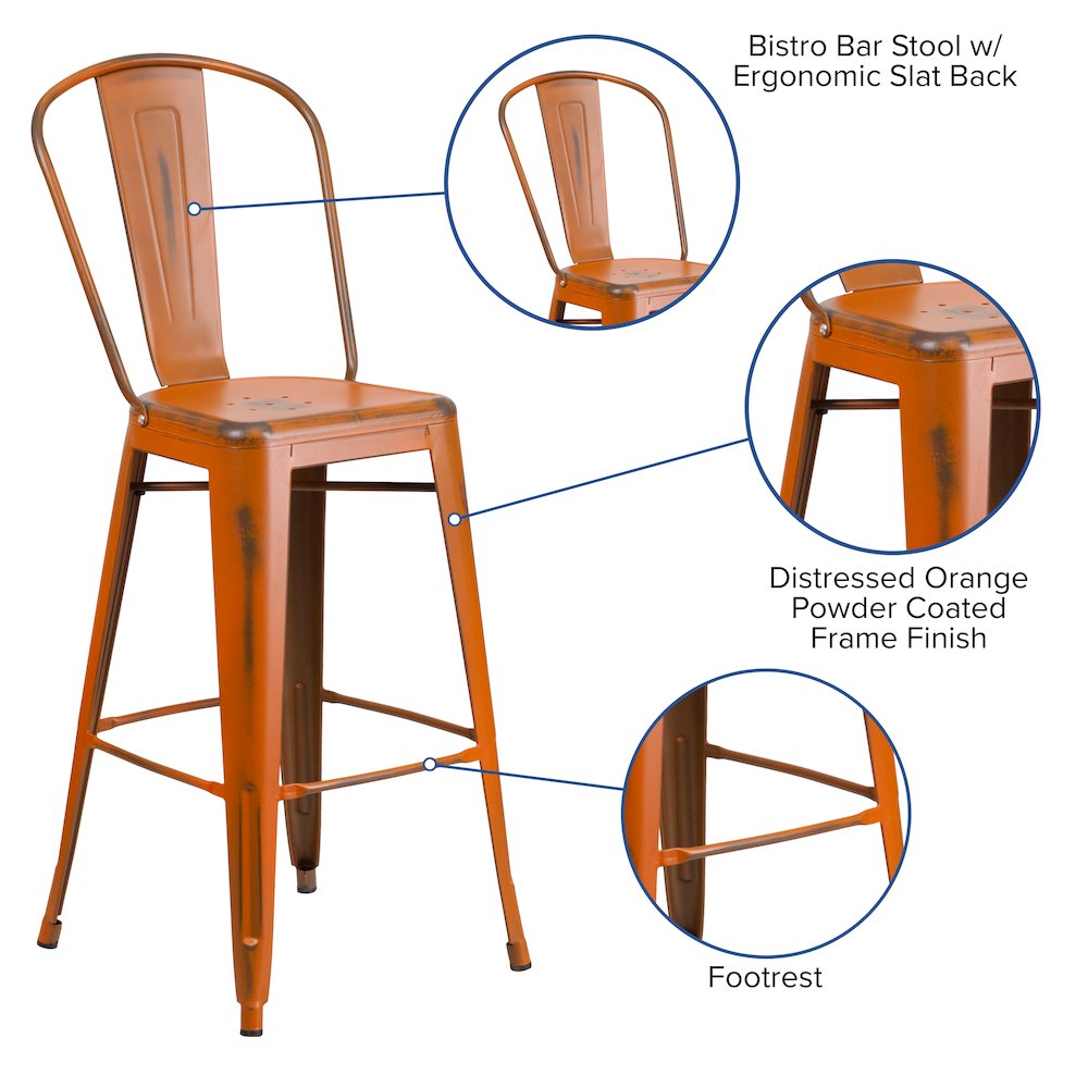 30" High Distressed Orange Metal Indoor-Outdoor Barstool with Back