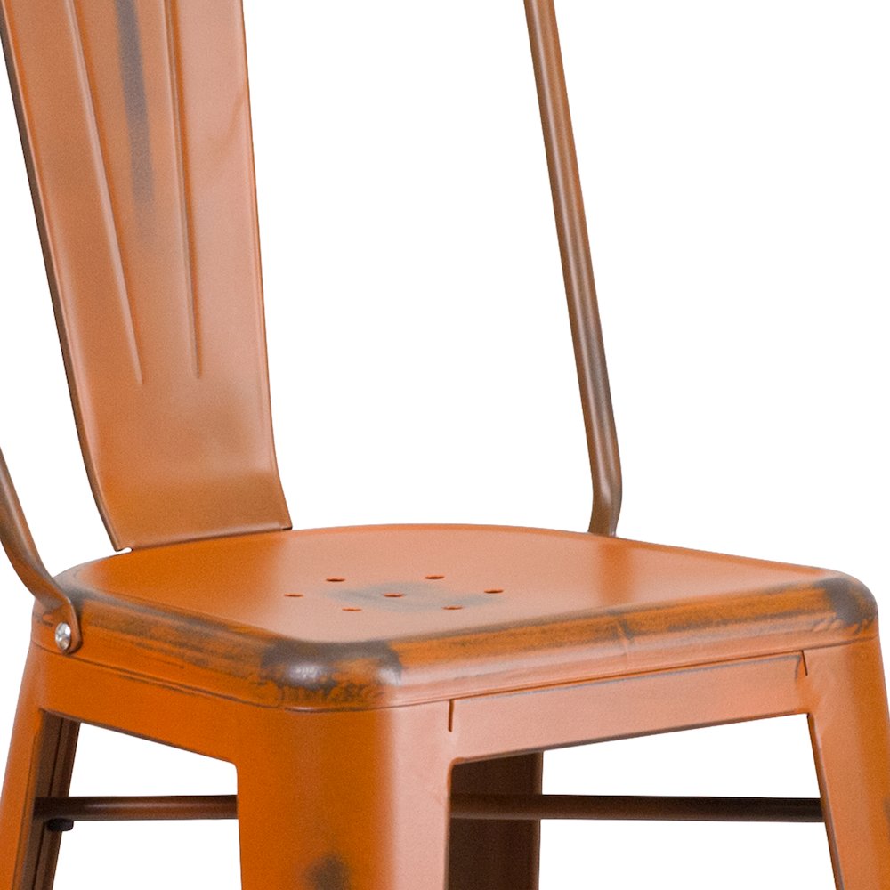 30" High Distressed Orange Metal Indoor-Outdoor Barstool with Back