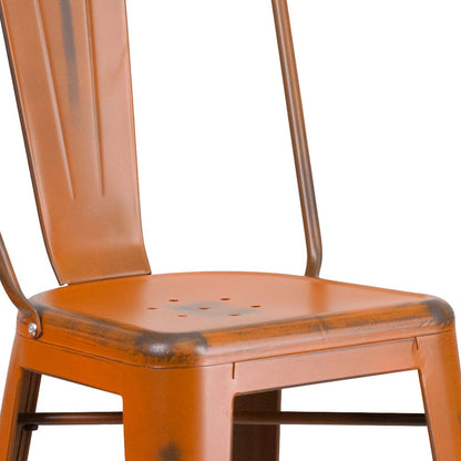 30" High Distressed Orange Metal Indoor-Outdoor Barstool with Back
