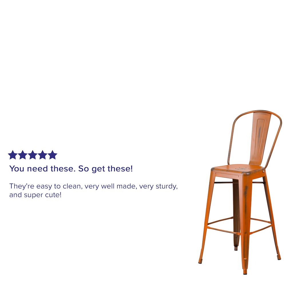 30" High Distressed Orange Metal Indoor-Outdoor Barstool with Back