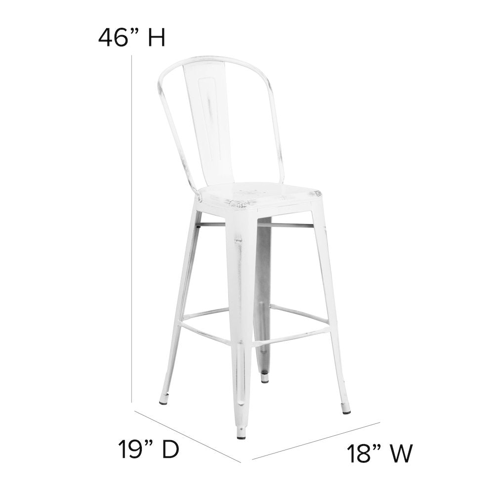 30" High Distressed White Metal Indoor-Outdoor Barstool with Back