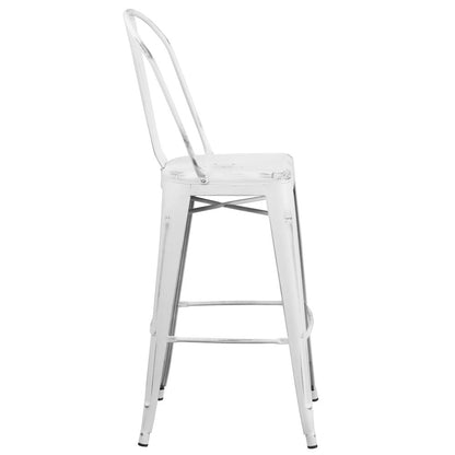 30" High Distressed White Metal Indoor-Outdoor Barstool with Back