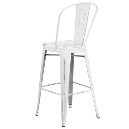 30" High Distressed White Metal Indoor-Outdoor Barstool with Back