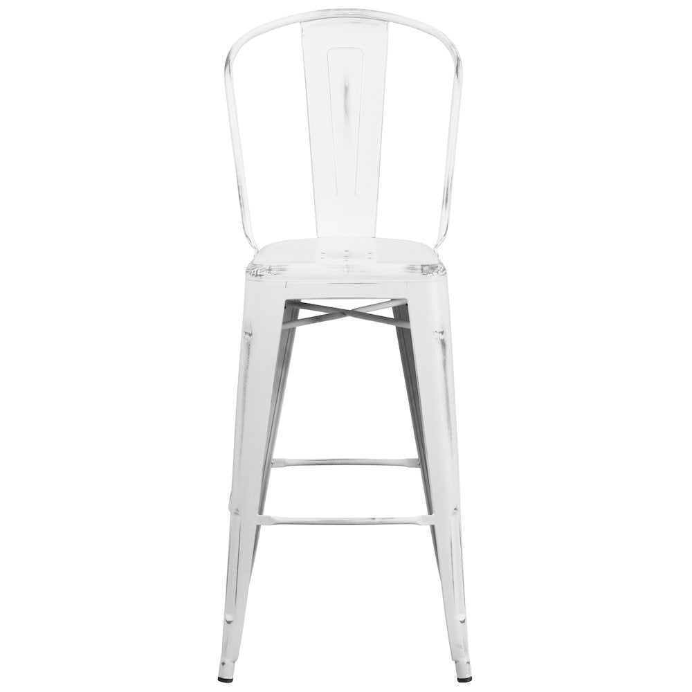 30" High Distressed White Metal Indoor-Outdoor Barstool with Back
