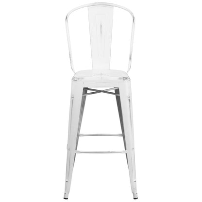 30" High Distressed White Metal Indoor-Outdoor Barstool with Back