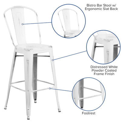 30" High Distressed White Metal Indoor-Outdoor Barstool with Back