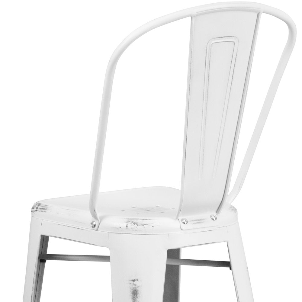 30" High Distressed White Metal Indoor-Outdoor Barstool with Back