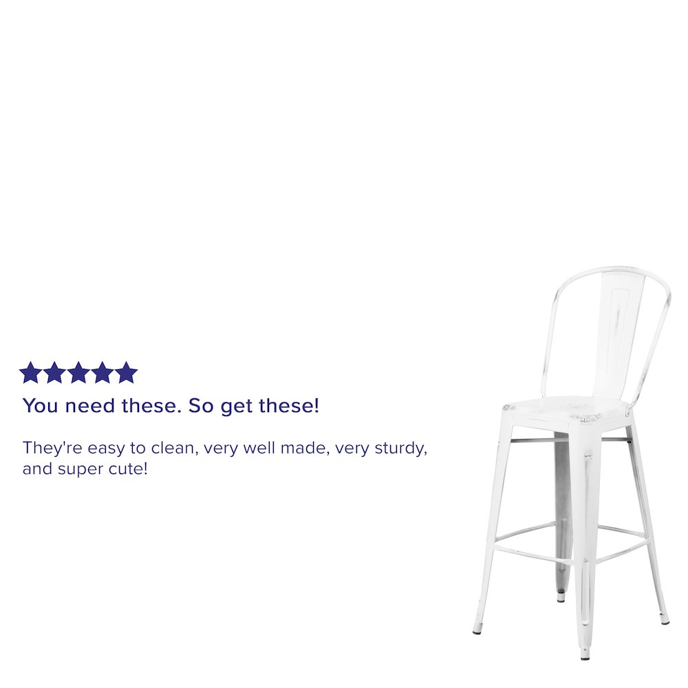 30" High Distressed White Metal Indoor-Outdoor Barstool with Back