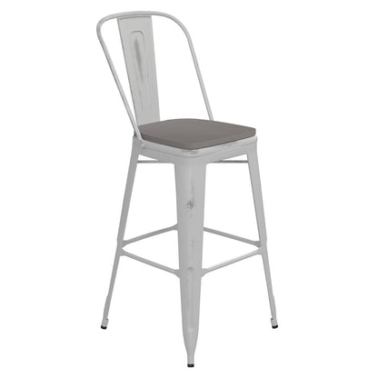 30" High White Metal Indoor-Outdoor Barstool with Gray Poly Resin Wood Seat