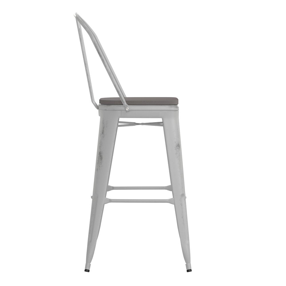 30" High White Metal Indoor-Outdoor Barstool with Gray Poly Resin Wood Seat