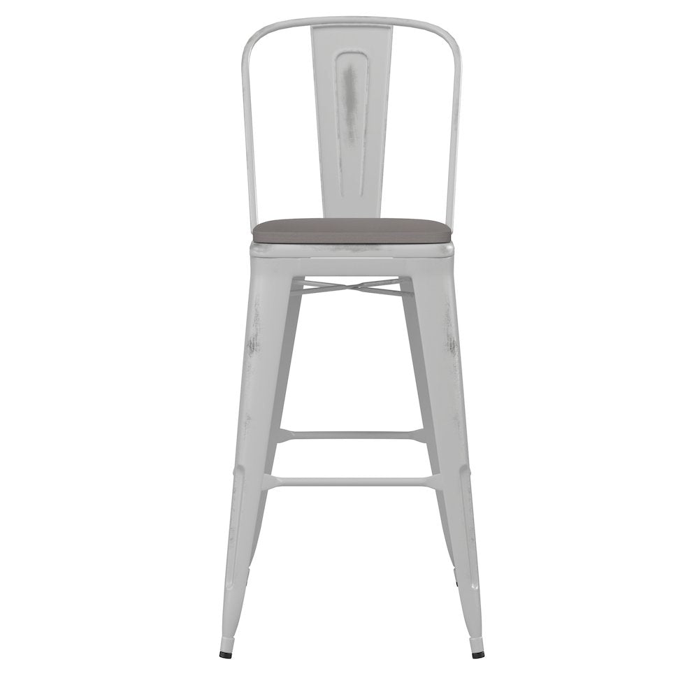 30" High White Metal Indoor-Outdoor Barstool with Gray Poly Resin Wood Seat