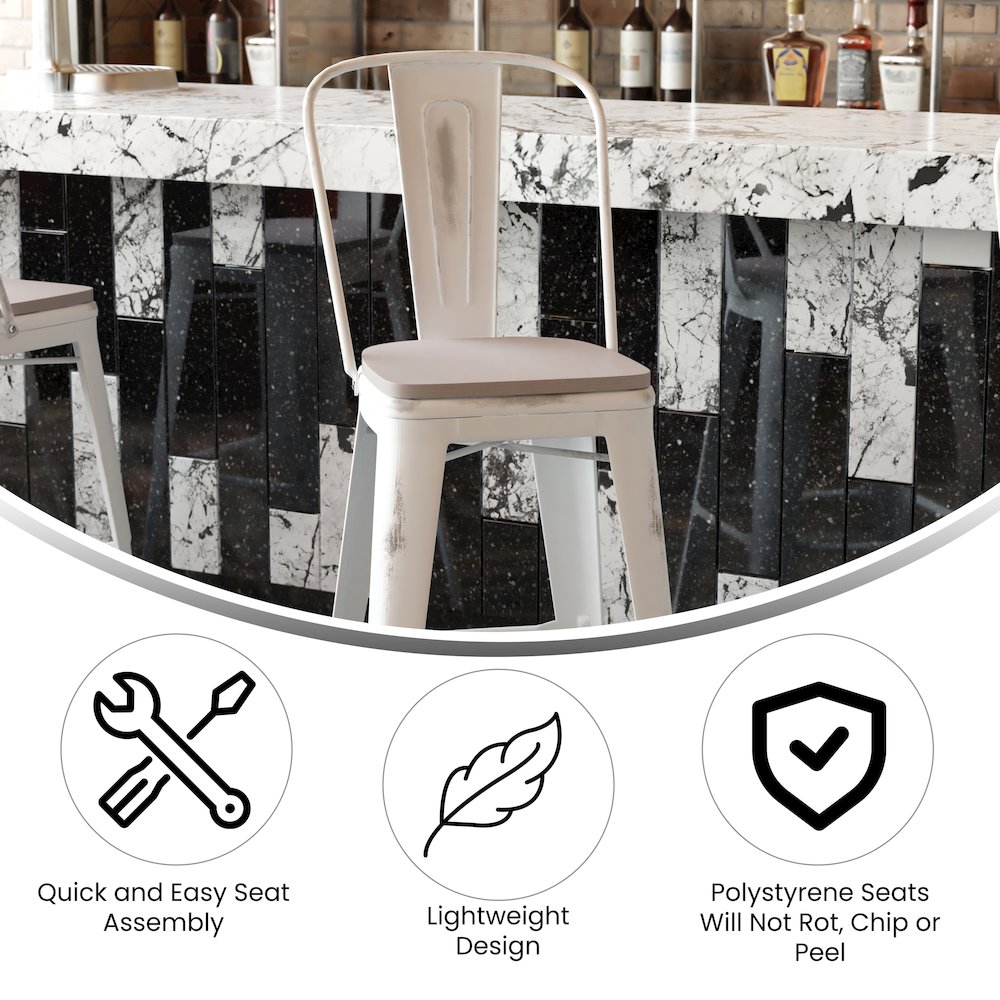30" High White Metal Indoor-Outdoor Barstool with Gray Poly Resin Wood Seat