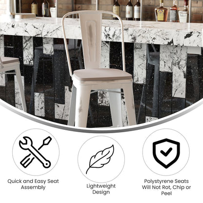 30" High White Metal Indoor-Outdoor Barstool with Gray Poly Resin Wood Seat