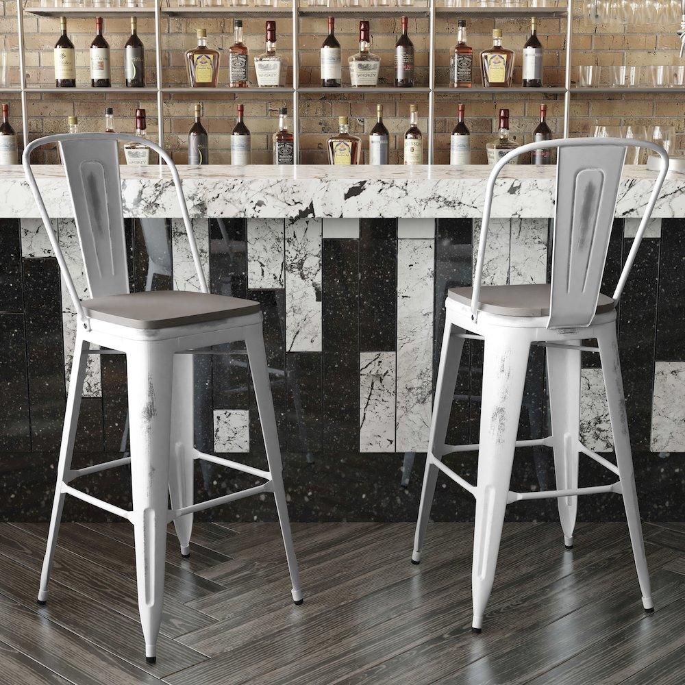30" High White Metal Indoor-Outdoor Barstool with Gray Poly Resin Wood Seat