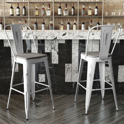 30" High White Metal Indoor-Outdoor Barstool with Gray Poly Resin Wood Seat