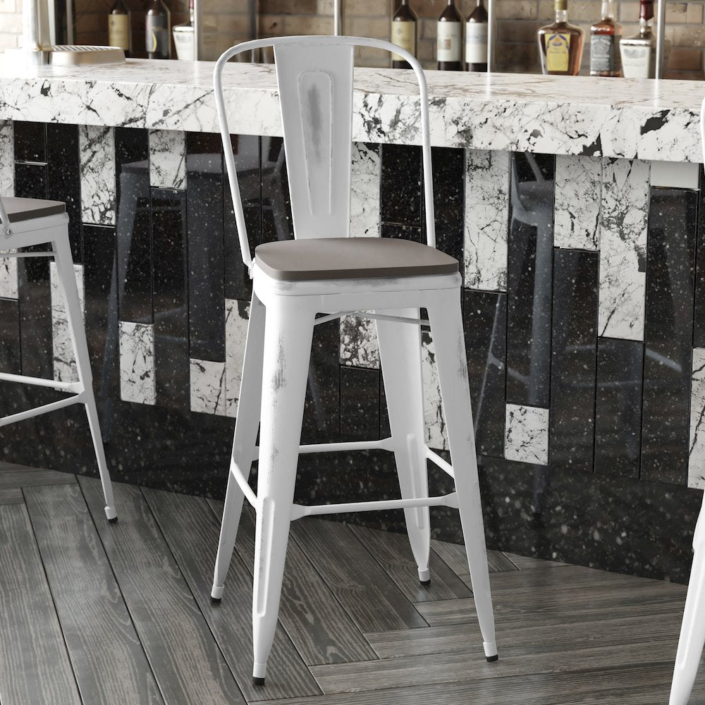 30" High White Metal Indoor-Outdoor Barstool with Gray Poly Resin Wood Seat