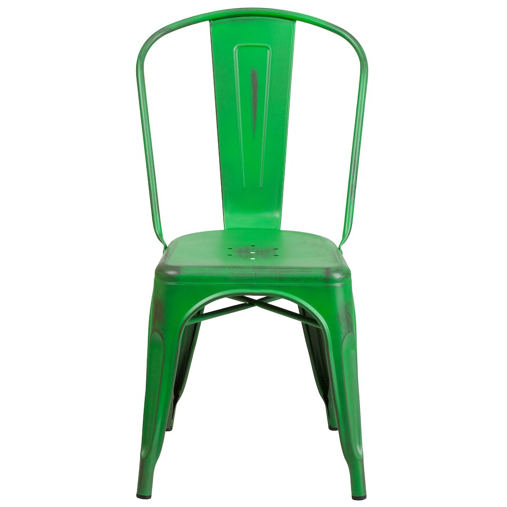 Commercial Grade Distressed Green Metal Indoor-Outdoor Stackable Chair