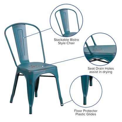 Distressed Kelly Blue-Teal Metal Indoor-Outdoor Stackable Chair