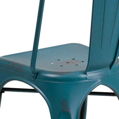 Distressed Kelly Blue-Teal Metal Indoor-Outdoor Stackable Chair