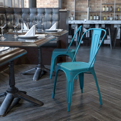 Distressed Kelly Blue-Teal Metal Indoor-Outdoor Stackable Chair