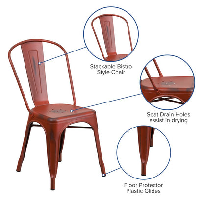 Distressed Kelly Red Metal Indoor-Outdoor Stackable Chair