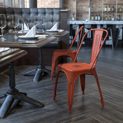 Distressed Kelly Red Metal Indoor-Outdoor Stackable Chair
