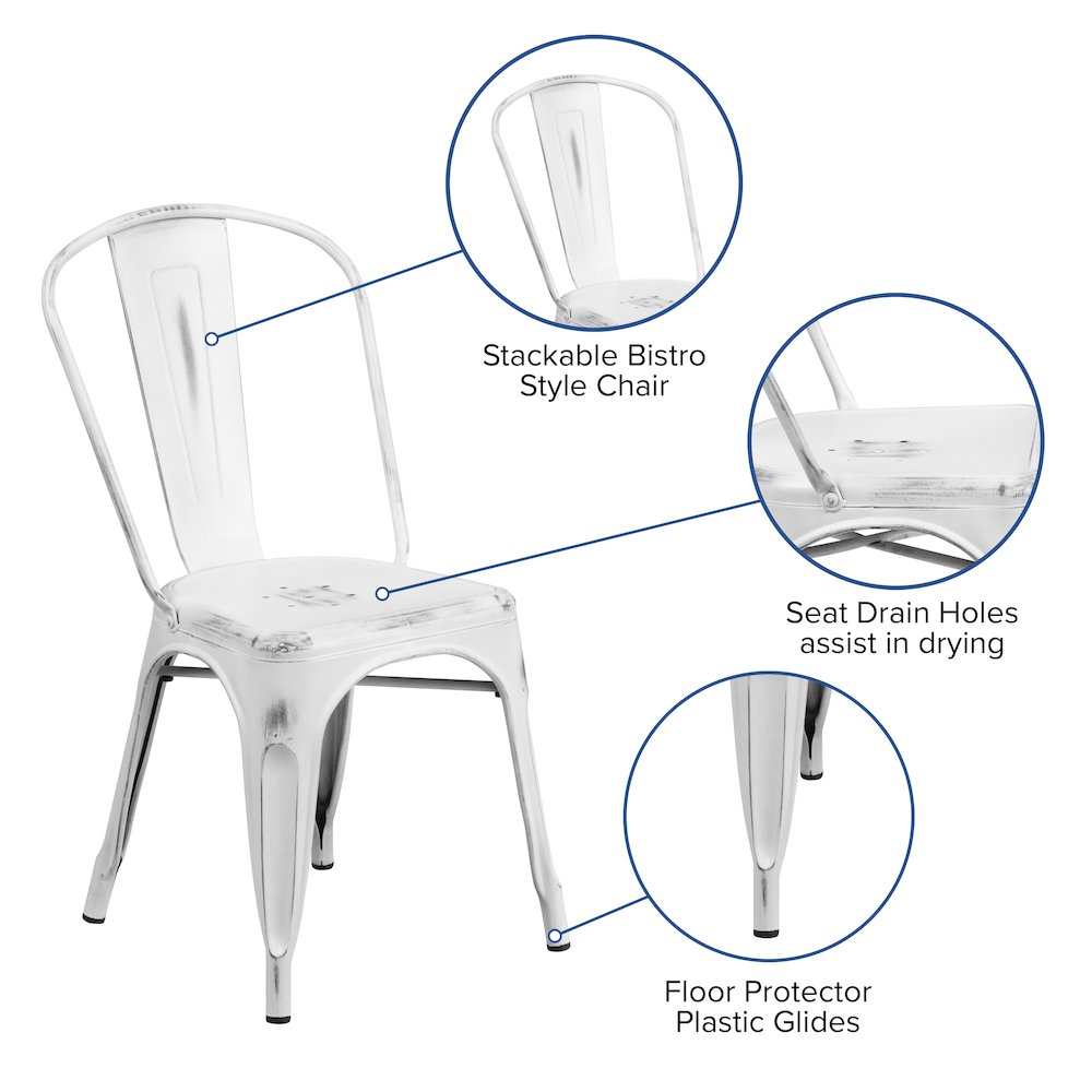 Commercial Grade Distressed White Metal Indoor-Outdoor Stackable Chair