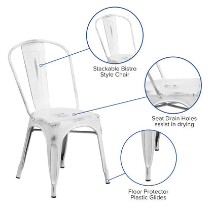 Commercial Grade Distressed White Metal Indoor-Outdoor Stackable Chair