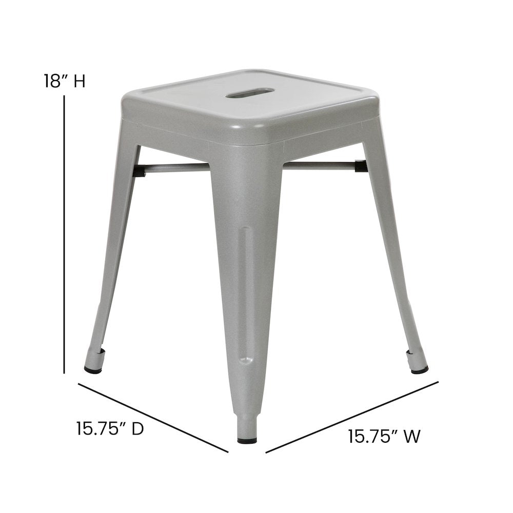 18" Table Height Stool, Stackable Metal Dining Stool in Silver - Set of 4