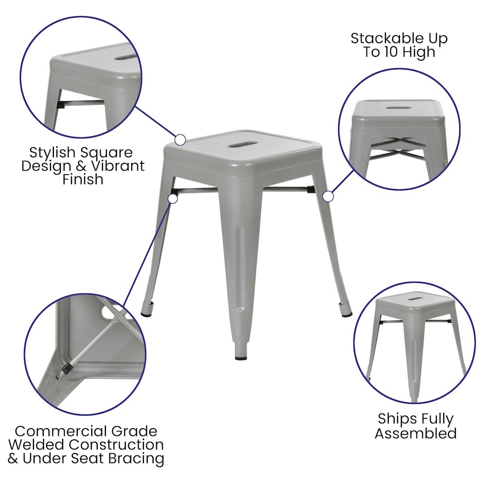 18" Table Height Stool, Stackable Metal Dining Stool in Silver - Set of 4