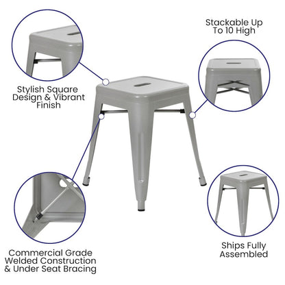 18" Table Height Stool, Stackable Metal Dining Stool in Silver - Set of 4