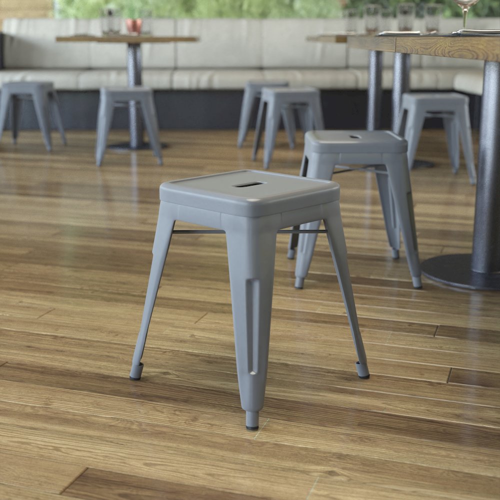 18" Table Height Stool, Stackable Metal Dining Stool in Silver - Set of 4
