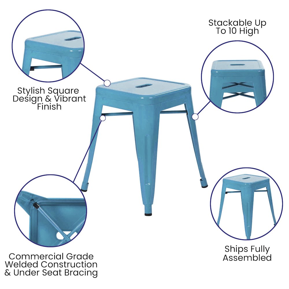 18" Table Height Stool, Stackable Metal Dining Stool in Teal - Set of 4