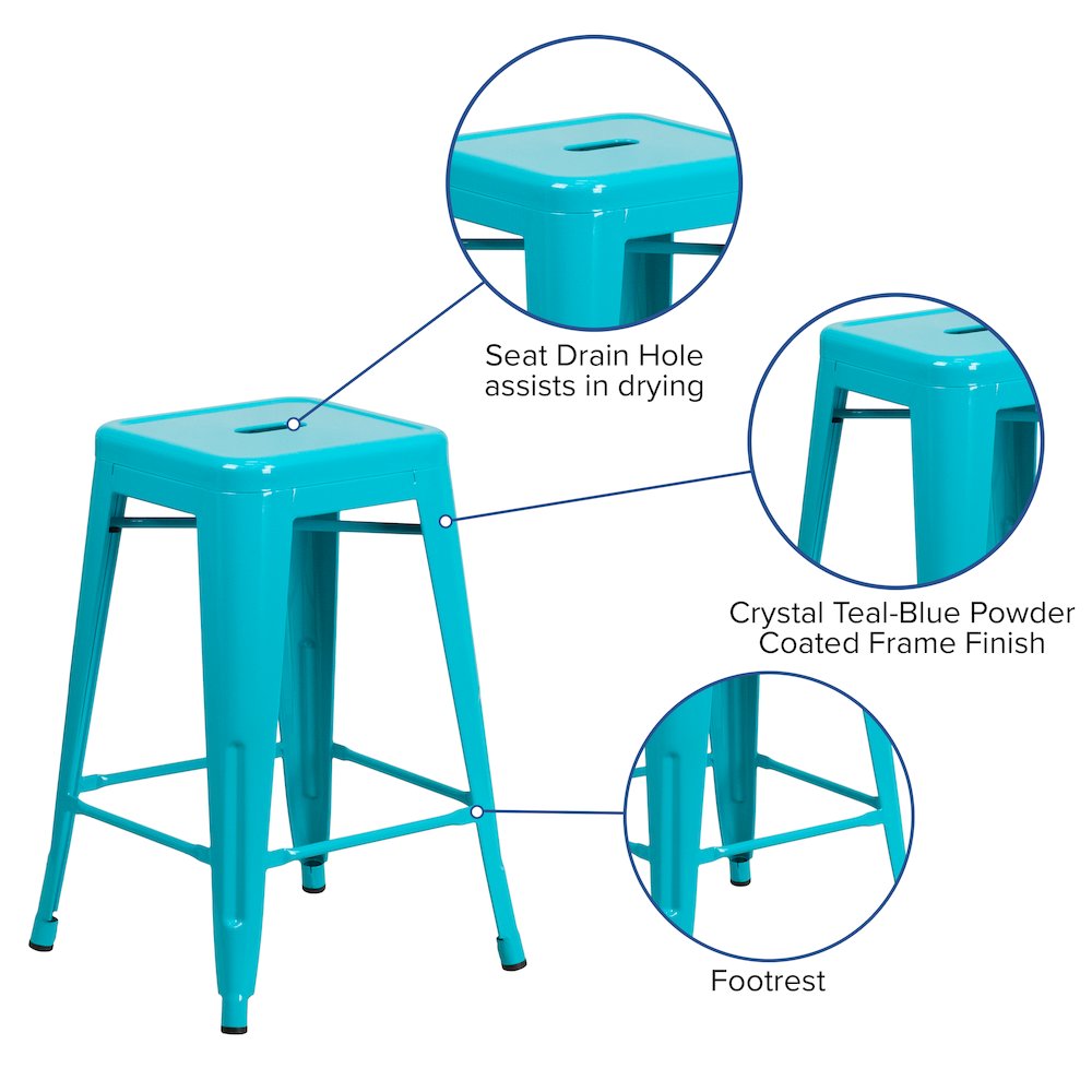 Commercial Grade 24" High Backless Crystal Teal-Blue Indoor-Outdoor Counter Height Stool