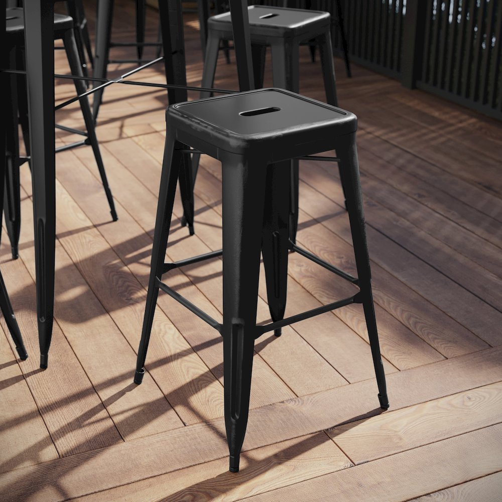 30" High Backless Distressed Black Metal Indoor-Outdoor Barstool