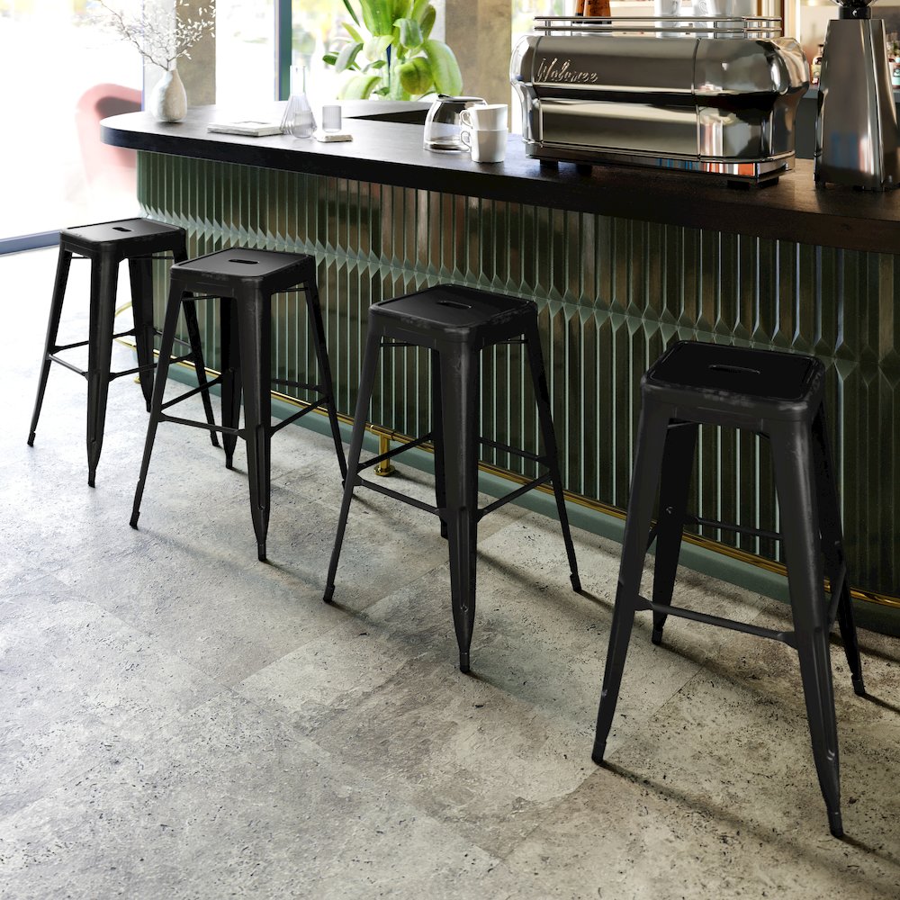30" High Backless Distressed Black Metal Indoor-Outdoor Barstool
