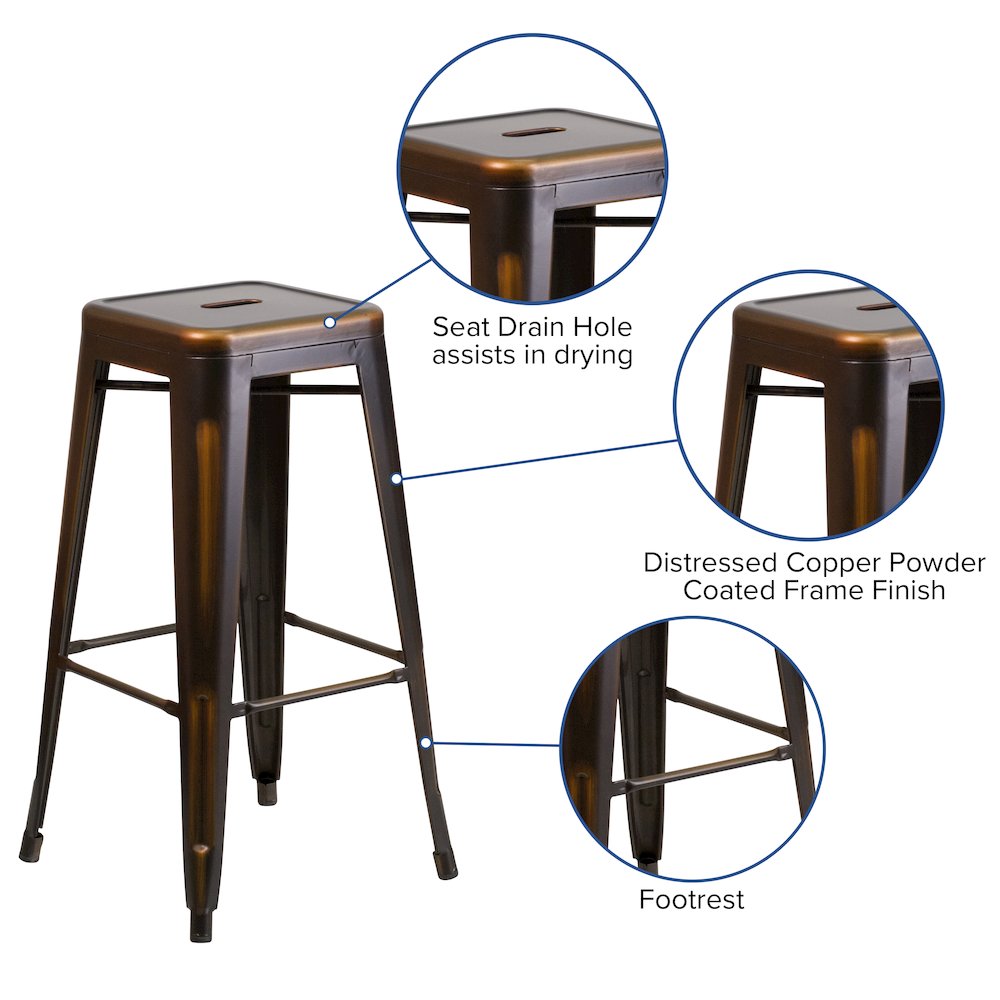 30" High Backless Distressed Copper Metal Indoor-Outdoor Barstool