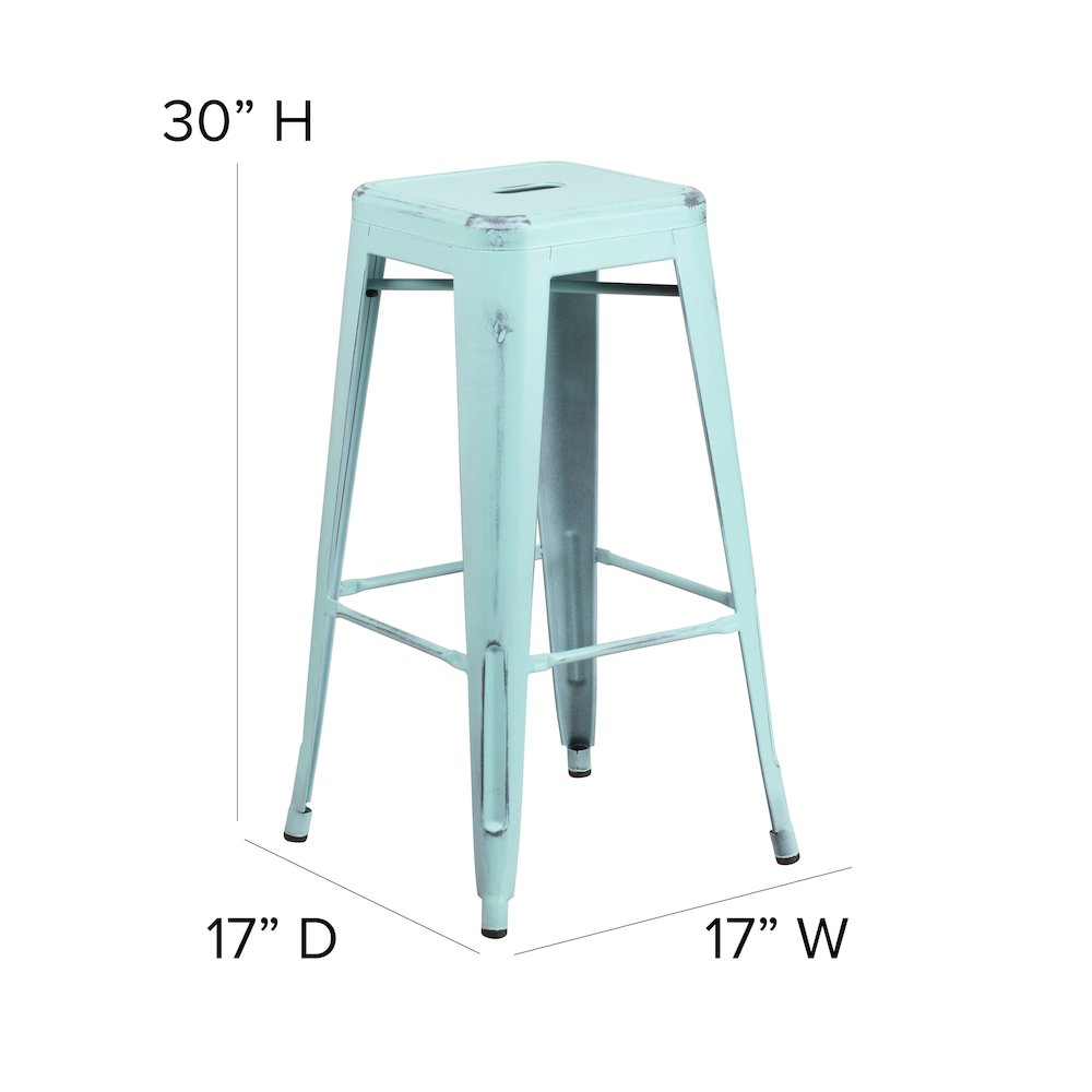30" High Backless Distressed Green-Blue Metal Indoor-Outdoor Barstool