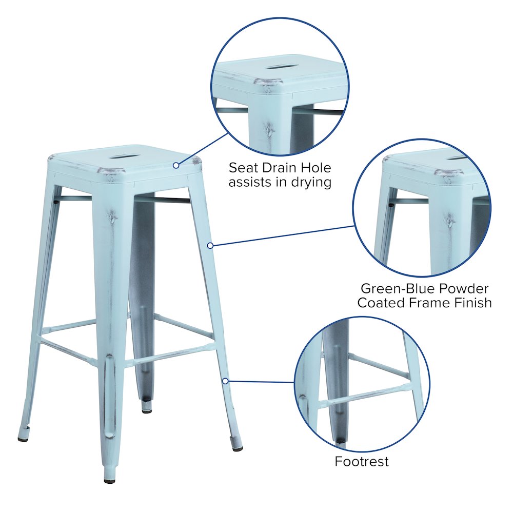 30" High Backless Distressed Green-Blue Metal Indoor-Outdoor Barstool