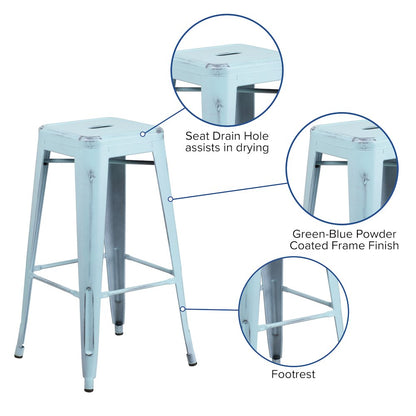 30" High Backless Distressed Green-Blue Metal Indoor-Outdoor Barstool